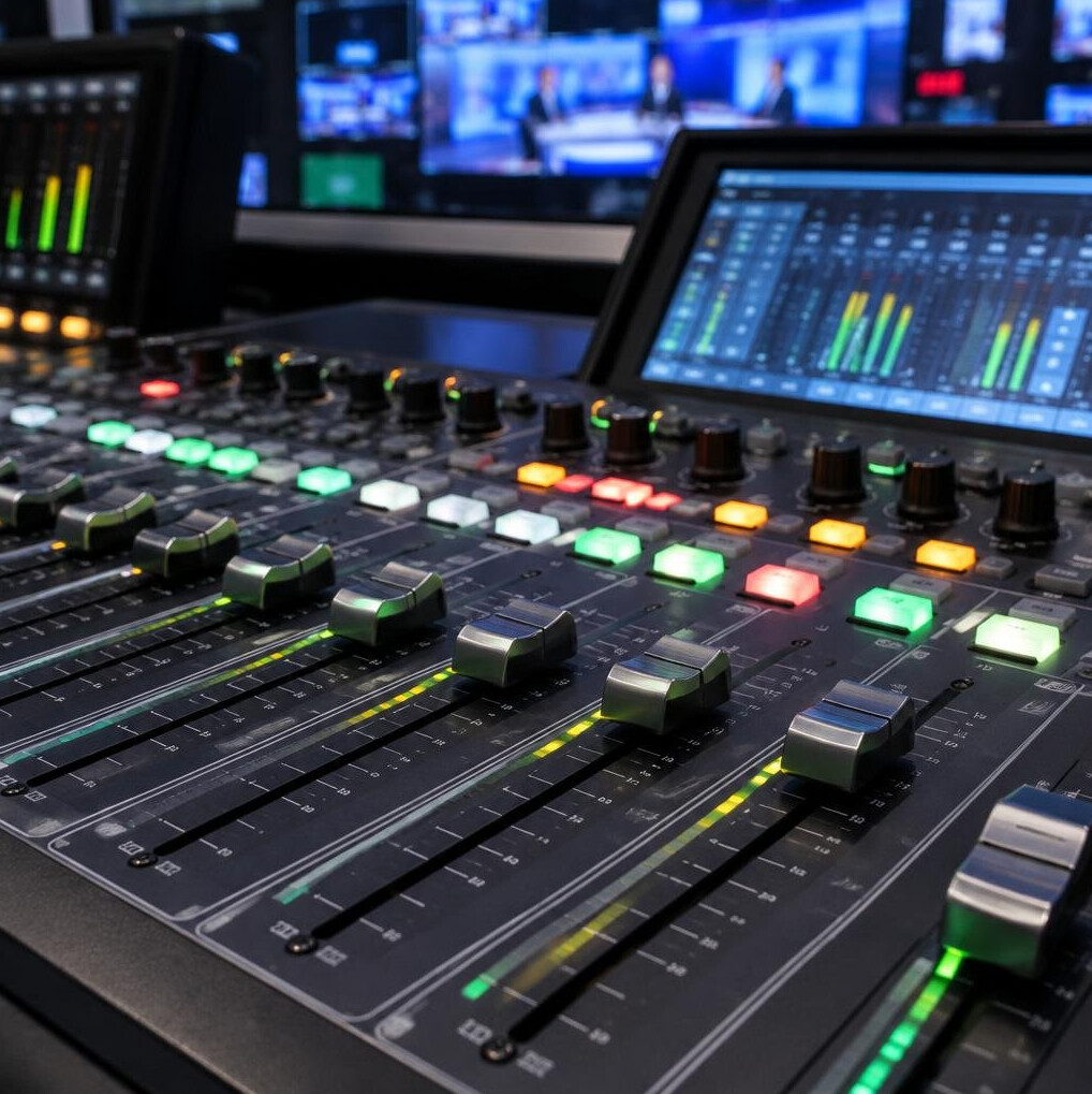 Audio mixing console with sliders and buttons