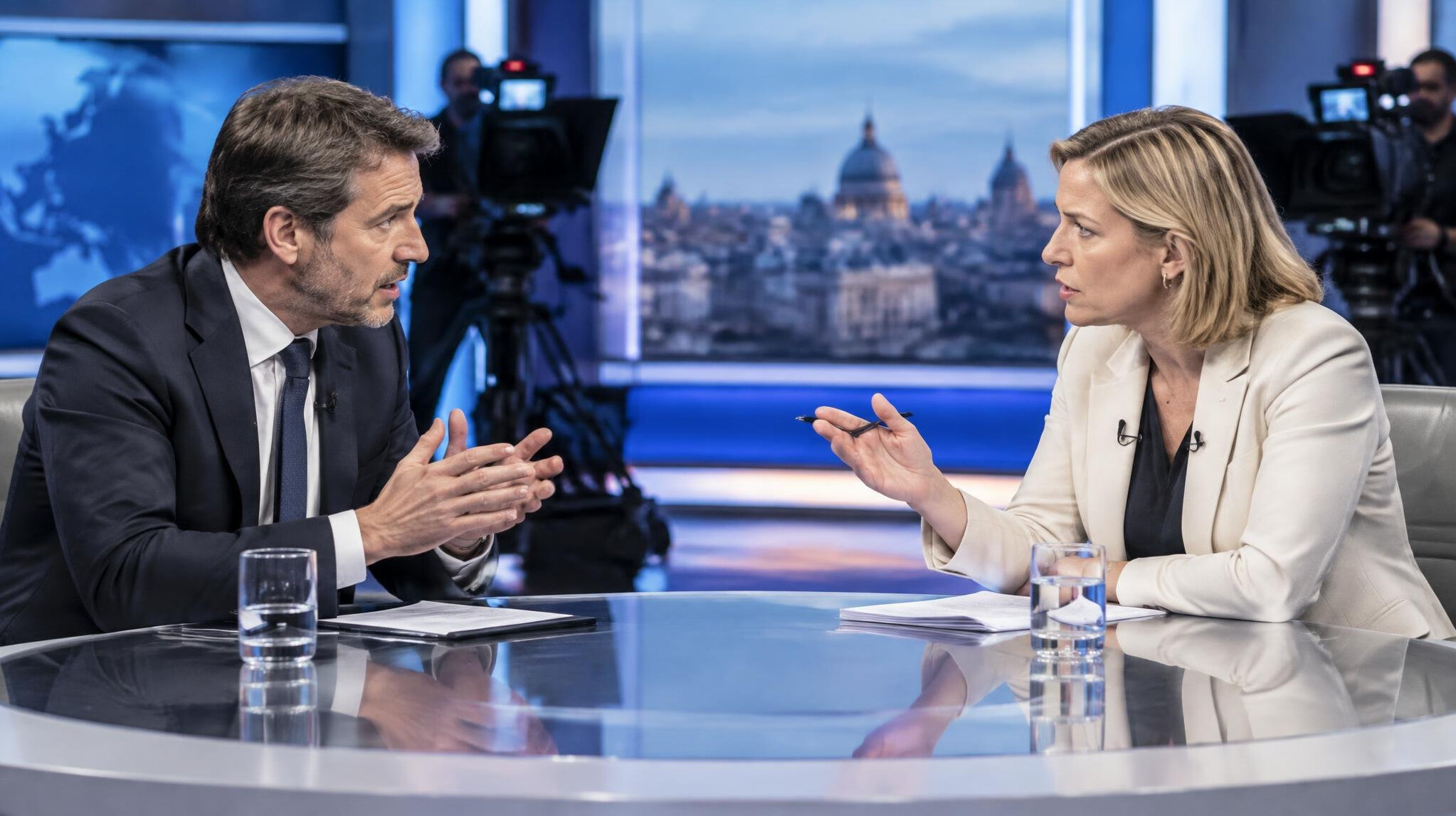 Tense discussion between two guests on a talk show set