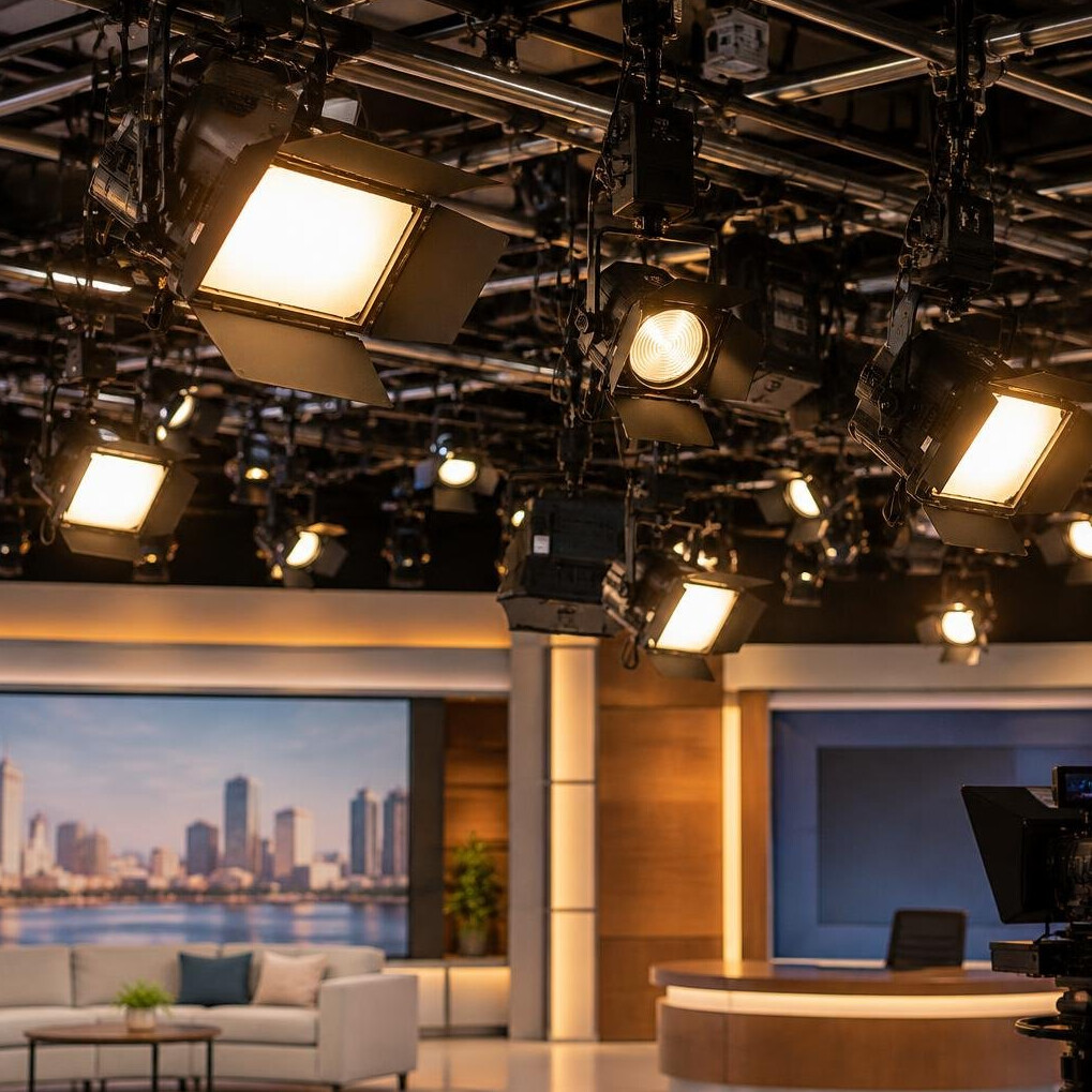 Studio lighting rig hanging from the ceiling