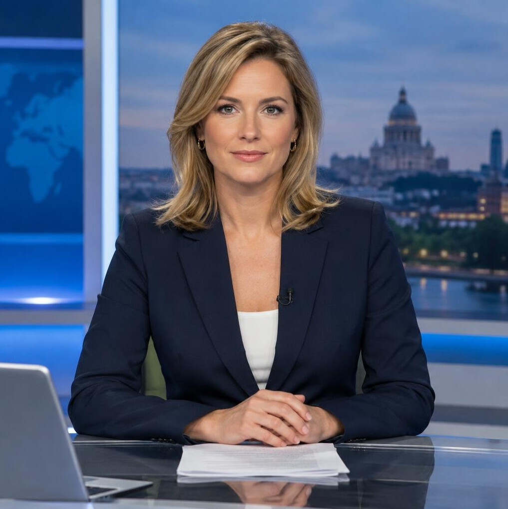 Female news anchor speaking in a television studio