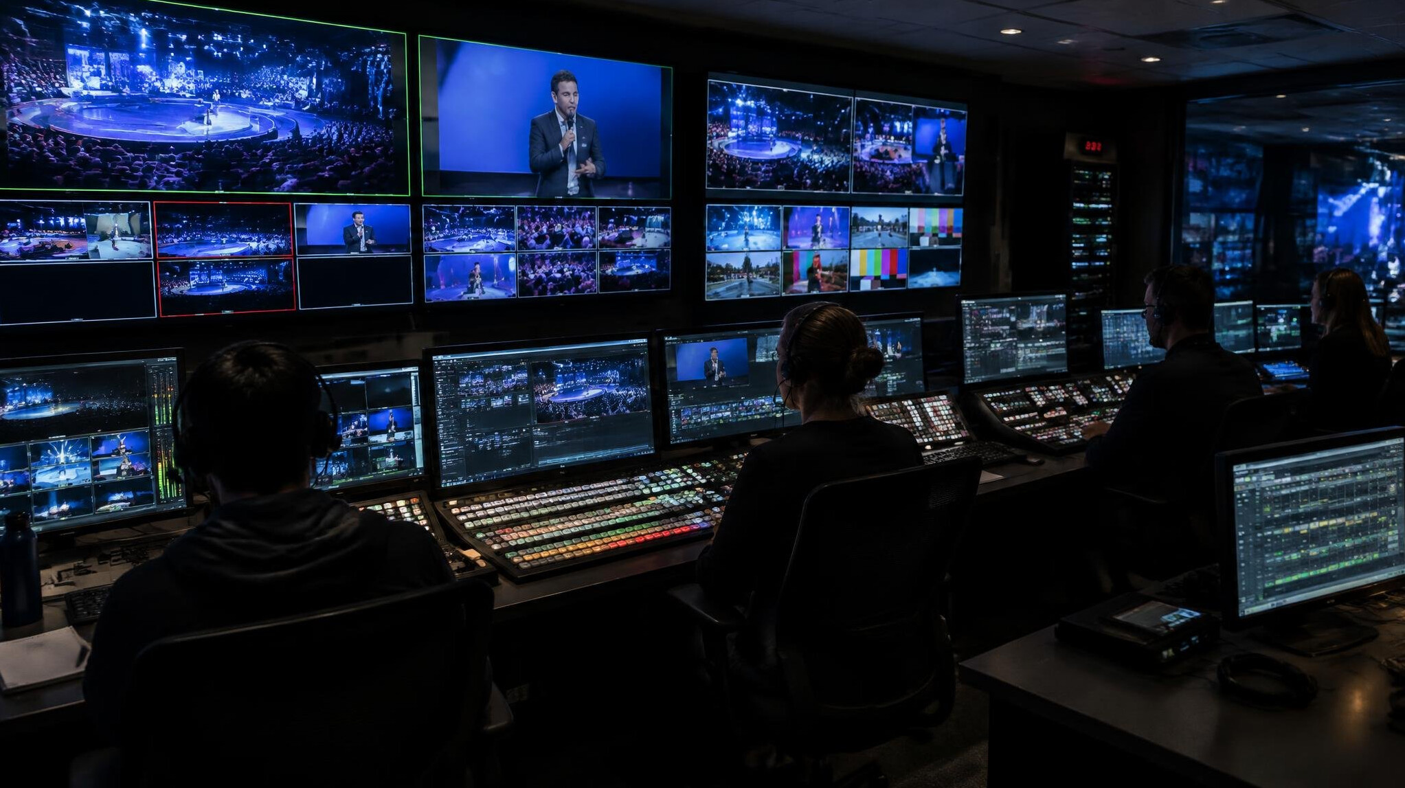 Television broadcast control room with monitors